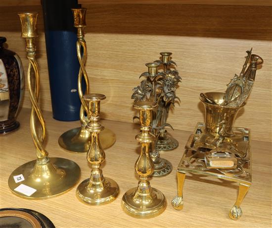 Three pairs of brass candlesticks and a quantity of other brassware tallest 41cm